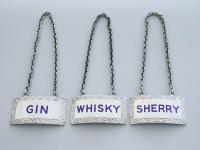 Set 3 20th Century Silver and Enamel Wine Labels * Sherry * Gin * Whisky *