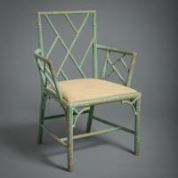 Green Painted Faux Bamboo Armchairs