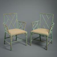 Green Painted Faux Bamboo Armchairs