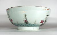 Chinese Export Porcelain Large Punch Bowl Painted with a Marine-subject view of Royal Navy Ships