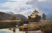 Mountainous Scottish river landscape oil painting by Sidney Richard Percy