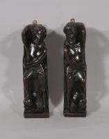 S/5365 Antique Pair of Flemish Carved Fruitwood Caryatids