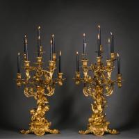 A Pair of Louis XV Style Gilt-Bronze Eight-Light Candelabra, Attributed to Victor Paillard.