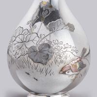 Japanese inlaid silver vase with a sparrow and ants in its path signed Yoshiyuki & Hattori Company, Taisho Period