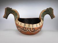 Fine Large Ceremonial Horse Head Kasa or "Kjenge" Retaining Original "Rosemaling" Decoration Dug-Out, Hand Carved and Painted Birchwood Norwegian, Inscribed and Dated "1791