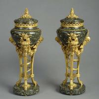 The Exbury House pair of ormolu and green porphyry brule-parfums, after a model by Francis Joseph Belanger and Pierre Gouthiere