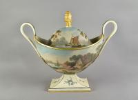 Pair late eighteenth century tole boat shaped urns and covers painted with watery landscapes, c.1790