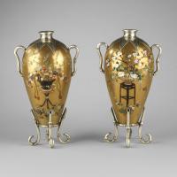 Japanese shibayama inlaid pair of gold lacquer vases, late Meiji Period