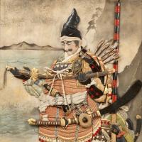 Japanese Oshie silk panel of the Samurai Nitta Yoshisada, late Meiji Period