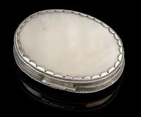 A little carved mother of pearl box with silver mounts, 17th Century
