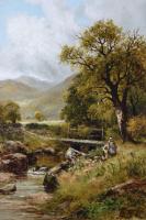 Landscape oil painting of figures picking flowers at a river bank by Robert John Hammond