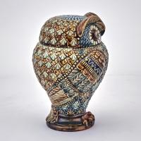 Doulton Stoneware Jar and Cover in form of an Owl, Marked for Mark  V. Marshall, Dated 1883.