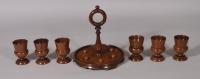 S/5491 Antique Treen 19th Century Set of Six Victorian Mahogany Egg Cups on a Circular Stand