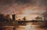Landscape oil painting of a windmill by a river by a cottage by Joseph Thors