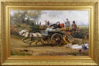 oil painting of lady with a donkey & cart by Alfred William Strutt