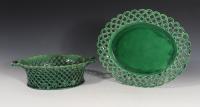 English Pottery Greenware Openwork Basket & Stand, 1790-80