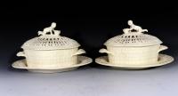 John Heath Creamware Chestnut Covered Baskets and Stands with Figural Finial