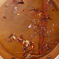 Japanese inlaid bronze dish with birds signed Inoue of Kyoto, Meiji Period
