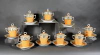 Regency Flight & Barr Worcester Porcelain Salmon-colored Covered Chocolate Cups & Stands, Set of Nine