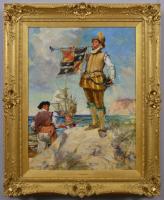 Historical genre oil painting of a royal messenger near a ship by Arthur David Mccormick