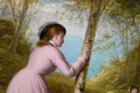 Genre landscape oil painting of women picking flowers near the coast by Thomas Brooks
