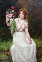 Genre portrait oil painting of a maiden with flowers by William Oliver