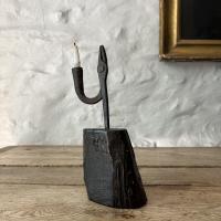 Welsh wrought iron and oak rushlight holder