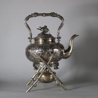 A Fine Chinese Export Silver Tea Kettle and Burner and Stand