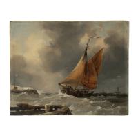 Fishing boat leaving Calais Harbour by E W Cooke