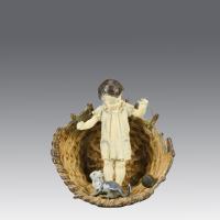 Early 20th Century Cold Painted Bronze "Girl & Cat with Basket" by Franz Bergman