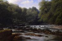 Landscape oil painting of figures fishing on the River Usk near Brecon by Thomas Baker of Leamington