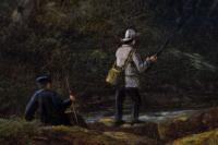 Landscape oil painting of figures fishing on the River Usk near Brecon by Thomas Baker of Leamington