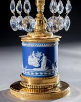 A Pair of George III Cut Glass Ormolu Mounted Wedgwood Drum Candlesticks