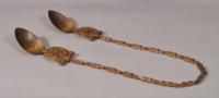 S/5666 Antique Treen Pair of Arts and Crafts Norwegian Birch Love Spoons