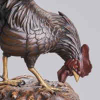 Japanese bronze longtail rooster signed Yoshiaki, Meiji Period