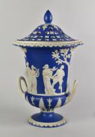 An impressive pair of Wedgwood blue and white Jasper urns, covers and liners, c.1800