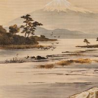 Japanese cut velvet Yuzen-birodo of a lake scene with Mount Fuji, Meiji Period