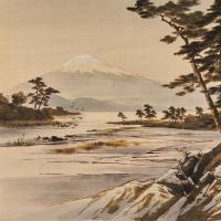 Japanese cut velvet Yuzen-birodo of a lake scene with Mount Fuji, Meiji Period