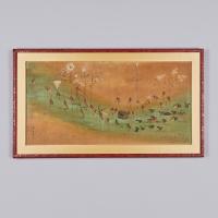 Japanese silk Oshi-e panel with a procession of insects signed Eigetsu, late Meiji Period