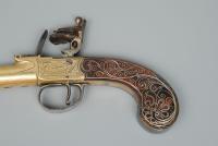 A Fine Pair of Silver Inlaid Brass Barrelled Pistols By Bunney London