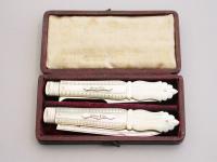Cased Victorian Silver & Mother of Pearl Folding Fruit Knife & Fork 'Mary Lily'