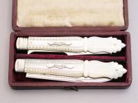 Cased Victorian Silver & Mother of Pearl Folding Fruit Knife & Fork 'Mary Lily'