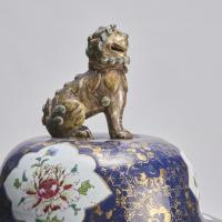 An impressive Chinese, 18th Century Powder blue and Famille rose Temple jar