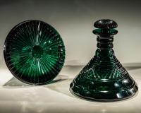 Pair of Heavily Cut Emerald Green Decanters