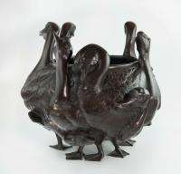 Captivating Japanese Bronze Goose Jardiniere by Seiya