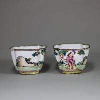 sides of pair of canton enamel wine cups