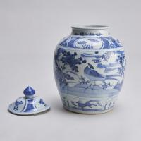 A large, early 19th Century Chinese blue and white covered porcelain jar with interesting decoration