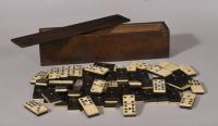 S/5722 Antique Treen Late Victorian Set of 55 Bone and Ebony Dominoes in a Beech Box