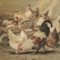 Japanese, Meiji-era silk embroidery depicting a flock of grazing chickens