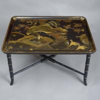 Japanese Polychrome Lacquer Tray on Later Stand